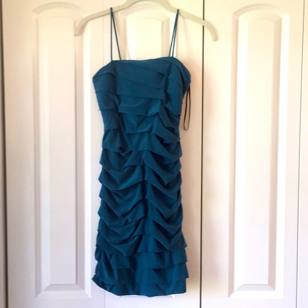 Teal dress stretchy junior Small ruched layers